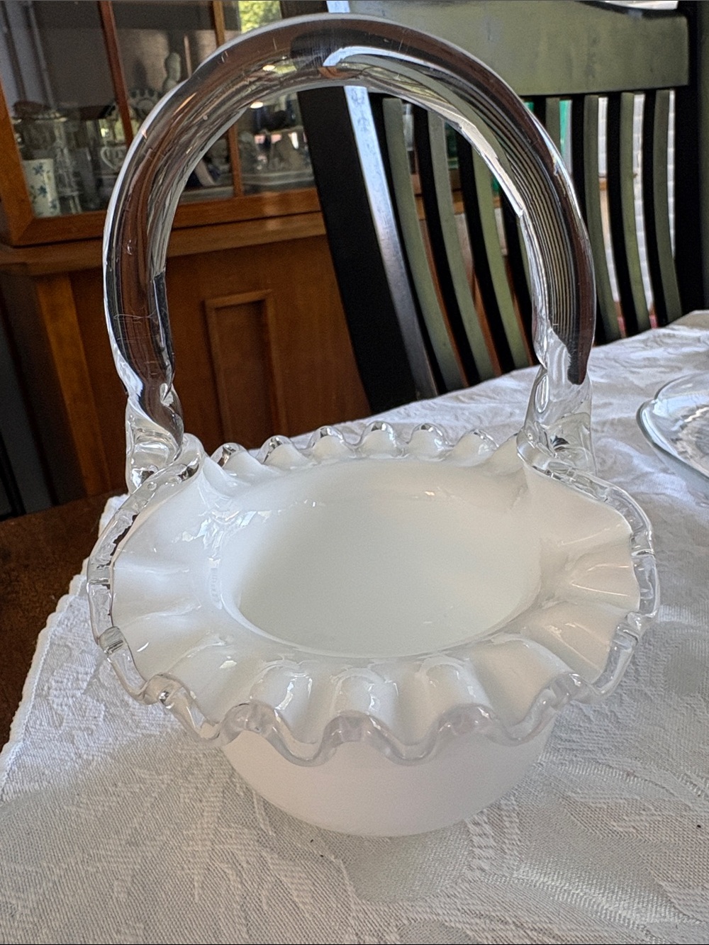Fenton White Milk Glass Basket with Clear Handle and Ruffled Rim